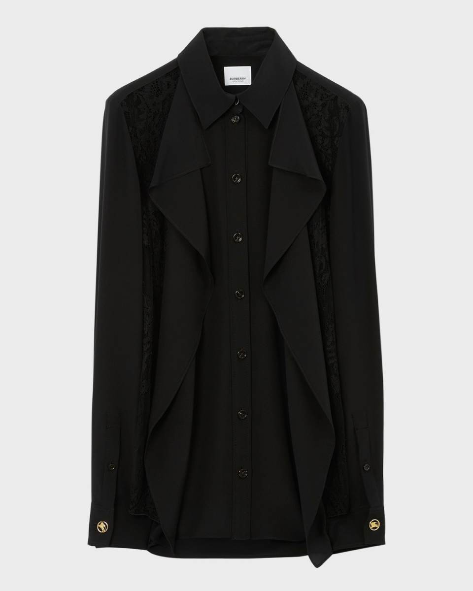 Veronica Silk Button-Front Blouse with Lace Detail